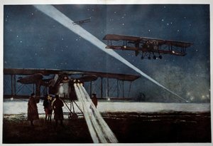 第一次世界大戦：「1918年の夜間爆撃のための飛行隊 "隣人 "からの出発」Francois Flameng（1856-1923）による水彩画 1918年 個人蔵