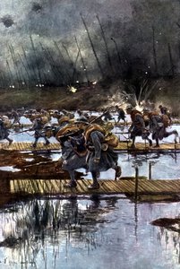 1917年7月31日午前4時45分、イーザー運河を横断するフランス歩兵軍団。 作： Francois Flameng