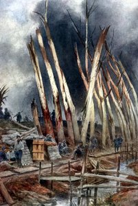 イザーの攻勢（1917年）」。7月31日直前のヘットサス付近のフランス軍陣地。前の戦闘の銃撃で粉々になった木々の中で命令を待つ兵士たち。フランソワ・フラマン（1856-1923）フランス人の絵の後。 作： Francois Flameng