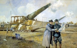 第一次世界大戦。1916年10月の400砲台（第一次世界大戦のALVFまたはALGP（大射程重砲）） 司令官は戦闘計画を観察している。フランソワ・フラメン（1856-1923）の絵 作： Francois Flameng