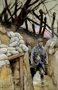 第一次世界大戦。"A soldier of soup corvee in the trench Notre-Dame-de-Lorette 28/06/1915" フランソワ・フラメン（1856-1923）による水彩画 1915年6月 Sun.0,3x0,48 m パリ、Musee de l