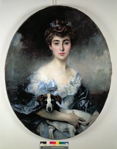 犬を持つ若い女性 作： Francois Flameng