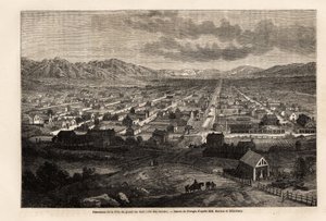 セインツ（ユタ州）を引用した大汚湖の都市のパノラマ。1860年にモルモン教の国の首都であるセインツの都市を訪れたリチャード・バートンの旅を説明するために、フェロージオが描いたもの。エドゥアール・シャルト編『Le tour du monde』に掲載されたエングレーヴィング