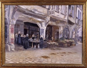 ディナンのポーチの下の市場 - F. ゴンボー作、19 世紀後半 作： Francois Gombeaux