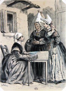 ノルマンディー地方カエンのレース職人たち（1852年にナントで出版されたシャルパンティエの版画「La Normandie Illustree」より）（カラーリトグラフ版 作： Francois Hippolyte (after) Lalaisse