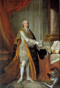 フランスのルイ・スタニスラス・ザビエル（後のルイ18世）、プロヴァンス伯爵（1755年～1824年）の足元の肖像、聖霊の騎士団の偉大な衣装を身にまとい、アンジェ市の特権を贈呈」 絵画：フランソワ 作： Francois Hubert Drouais