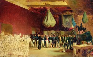 下院は、1830 年 8 月 7 日に王宮で、オルレアン公ルイ フィリップ 1 世 (1773-1850) に、彼を王位に就かせる行為と 1830 年の憲章を贈呈します。