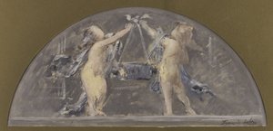パリ市立美術館のダイニングルームのスケッチ、2人の子供が大きな箱を持ち上げている。 作： Francois Lafon