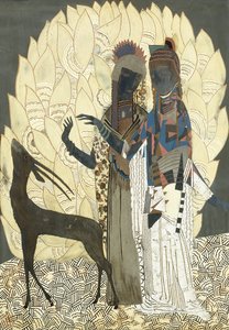 葉の中にカモシカを持った2人の様式化された女性、1928年頃（漆とcoquille d&39;oeufの木製パネル）
