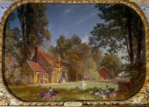 シャンティの村落の眺め。建築家ジャン・フランソワ・ルロワがコンデ公爵のために1772年から1774年にかけて建てた建物。フランソワ・ルイ・フランセ（1814〜1897）の絵画
