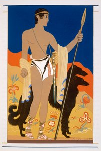 2つのボルゾイ猟犬を持つ少年戦士、ホーマー作「L&39;Odyssee」のイラスト、Victor Berard訳、1929年から33年 作： Francois Louis Schmied