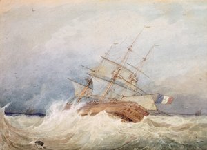 荒天時のフランスのフリゲート艦 (水彩) 作： Francois Louis Thomas Francia