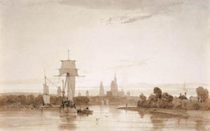 セーヌ川からルーアン大聖堂と街を眺める。 朝 作： Francois Louis Thomas Francia