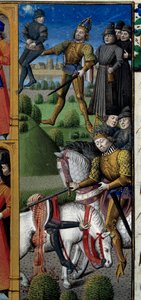 シャルルマーニュ（742-814）の人生の一場面：フランク族の王：戦闘の場面。猿。Vincent de Beauvais (1184/94-1264)の写本 "Speculum historiale (Le Mirror historial) "から引用されたミニチュアで、師匠のFrancois (15世紀)によって増補されています。 作： Maître François