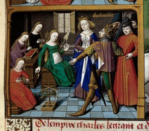 フランク王国の王シャルルマーニュ（742-814）の人生の一場面：皇帝は羊毛を紡ぐ女性たちを訪問する。Vincent de Beauvais (1184/94-1264)の写本 "Speculum historiale (Le Mirror historial) "からのミニチュアで、マスター・フランによって盛り上げられています。 作： Maître François