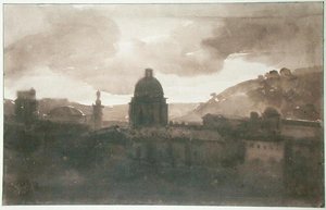 サンタトリニタデイモンティからのローマの眺め（紙にインク洗い） 作： Francois Marius Granet