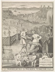 庭師から花を受け取るオランダの処女 タイトル ページ: Carolus Tuinman、(...) Nederduitsche のことわざの起源と解釈、1726 年。 作： Francois Morellon la Cave