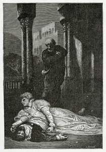 ドナソル、19世紀ヘルナニの死体で死去（bw彫刻） 作： Francois Nicolas Chifflart