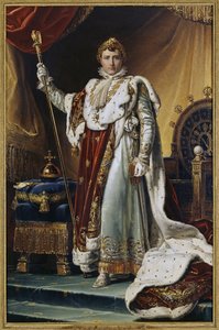 戴冠式の衣装を着た皇帝ナポレオン 1 世ボナパルト (1769-1821) の肖像画。 (皇帝ナポレオン 1 世ボナパルトの戴冠式ローブの肖像)。 Francois Pascal Simon、Baron Gerard (1770-1837)、キャンバスに油彩、1804年頃。 作： Baron François Pascal Simon Gérard