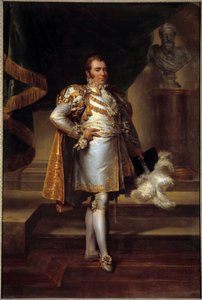 ベリー公シャルル・フェルディナン・ダルトワ（1778-1820）の足元の肖像、ヘンリー4世の胸像の前でフランソワ王子の衣装を着た代表者。フランソワ・ジェラール（1770-1837）による絵画 1819年 薄暗い。2.4 x 1.6 m - 公爵シャルル・フェルディナン・ダルトワの肖像 作： Baron François Pascal Simon Gérard