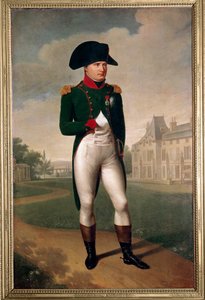マルメゾン城の前でのナポレオン・ボナパルト（1769-1821）の肖像（領事の格好をしている）。1804年、ロイユ・マルメゾン（Hauts de Seine）にて。フランソワ・ジェラール（1770-1837）による絵画 19世紀 マルメゾン、シャトー美術館 - ナポの全身像 作： Baron François Pascal Simon Gérard
