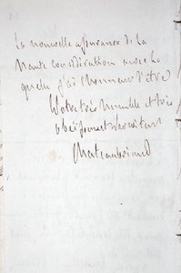 1821年1月7日、シャトーブリアンが全権公使としてベルリンに赴く途中、フランクフルトで書かれた筆者の署名入りの手紙（紙にペンとインク） 作： Francois Rene Vicomte de Chateaubriand