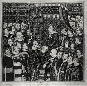 ルイ2世（1337-1410）クレメント伯爵、シャルル5世（1338-80）に敬意を表する 14世紀のミニアチュールのコピー（紙に水彩）（モノクロ写真あり