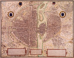 タペストリーに描かれている1540年から1555年のパリの街の地図。フランソワ・ロジェ・ド・ガイニエール（1642-1715）によるエングレーヴィング。paris, B.N. 作： Francois Roger de Gaignieres