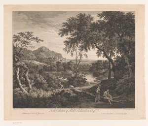 プールサイドの羊飼いと 2 人の人物のいる風景 作： Francois Vivares