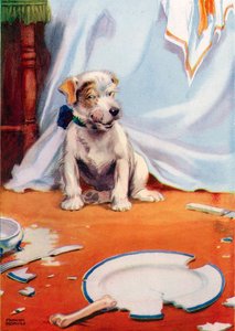 割れた皿を持つ犬（カラーリトグラフ 作： Frank Adams