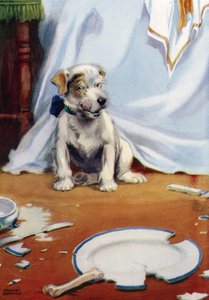 壊れた皿を持つ犬 作： Frank Adams