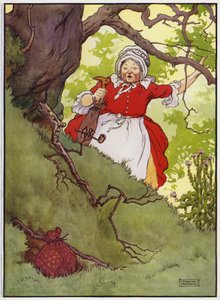 Old Dame Trot And Her Pig」のイラスト（カラーリトグラフ）。 作： Frank Adams