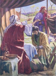 祝福を受けるヤコブ（1950年頃、トーマス・ネルソン社発行の「The Bible Picture Book」より）（カラーリトグラフ 作： Frank Adams