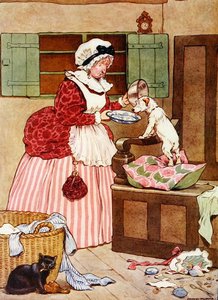 オールド・マザー・ハバード（フランク・アダムス著「The Beautiful Book of Nursery Rhymes, Stories and Pictures」より）のイラスト（カラーリトグラフ）。 作： Frank Adams