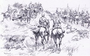 ベルゲンダールを前進する武装騎兵と大砲、イラスト（プレトリア後：ゲリラ戦争、1902年） 作： Frank Algenon Stewart
