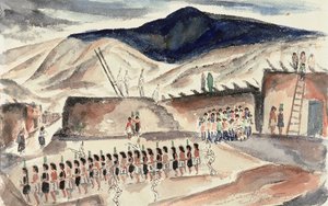 1932年以前のグリーンコーンダンス、ニューメキシコ州サンタドミンゴ、紙（WC紙） 作： Frank Applegate
