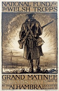 1915 年 3 月 1 日、ウェールズ軍のための国民基金の募金イベントを宣伝するポスター、 作： Frank Brangwyn