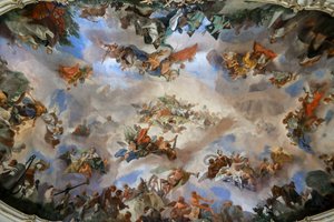 シェーンブルン宮殿の大ギャラリーの天井フレスコ画、オーストリア君主制の繁栄のアレゴリー、ウィーン、オーストリア、2024年（写真）。 作： フランク・バフェリール