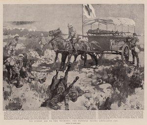 負傷者への迅速な援助のために、マンダース空飛ぶ救急車（リトグラフ 作： Frank Craig
