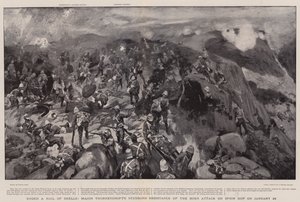 シェルのあられのもと、1月24日、スパイオンコップに対するボーア攻撃のソーニークロフト少佐の頑固な抵抗 作： Frank Craig