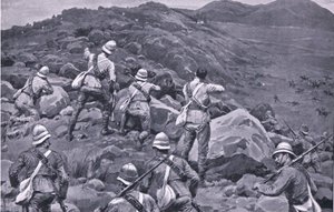 タケスバーグでのデ・ウエットの後衛の追撃（Harmsworth Bros Limited出版のAfter Pretoria: The Guerilla Warより 作： Frank Dadd