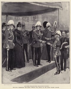 王は馬ガードのパレードに南アフリカ戦争メダルを提示 作： Frank Dadd