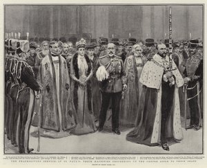 セントポールズの感謝祭サービス、センターの通路から席へと向かう陛下 作： Frank Dadd