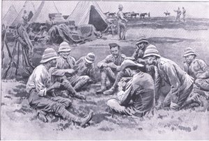 アフタープレトリアからの休息を楽しんでいる疲れた兵士：1901年にHarmsworth Bros Limitedが発行したゲリラ戦争 作： Frank Dadd