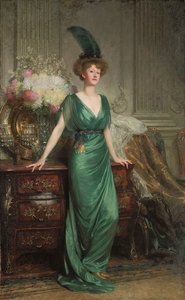 本の肖像画。アーネストギネス夫人、立って、エメラルドのドレスと羽を着て、1912年 作： Frank Dicksee