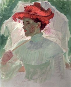 赤い帽子と日傘を持つ女性 作： Frank Duveneck