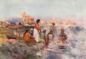ニュージーランドマオリの洗濯日和、オヒネムトゥ（カラーリトグラフ） 作： Frank H Wright