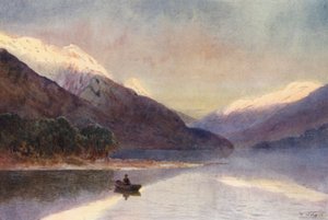 ニュージーランドノース・フィヨルド、テアナウ湖（カラーリトグラフ） 作： Frank H Wright