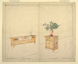 ピアノベンチとタボレット、ヘンリー J. アレン邸、ウィチタ、カンザス州 作： Frank Lloyd Wright