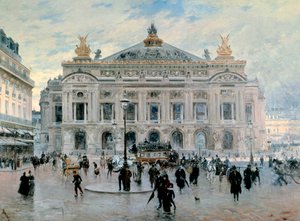 パリのオペラ座ガルニエ広場 フランク・マイヤーズ・ボッグス（1855-1926）の絵画 1900年 個人蔵 - パリのオペラ座ガルニエ広場（または「グランド・オペラ・ハウス」）。フランク・ボッグス（1855-1926）の絵画 作： Frank Myers Boggs